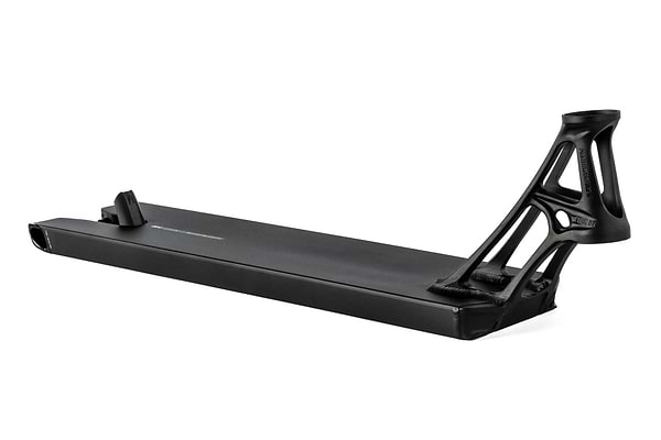 The Ethic DTC Pandemonium V2 Boxed Black Stunt Scooter Deck, measuring 5.5" x 22.8", showcases a streamlined shape and sturdy build. It features a reinforced neck with open triangular patterns for improved structural support, emphasizing durability and performance for scooter riding.