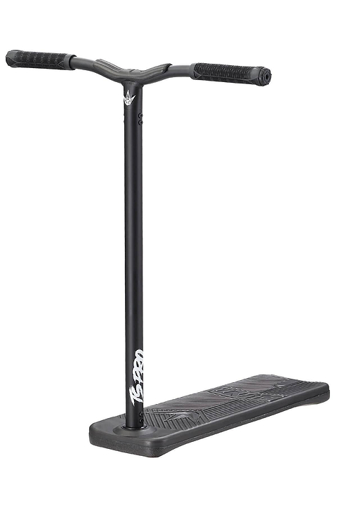 The Blunt Envy TS Pro 7.5 Indoor Trampoline Stunt Scooter - Black features a stylish black finish with a wide deck and T-shaped handlebars. It includes textured grips, a detailed deck design, and prominently displays the distinctive logo on its neck. Ideal for riders who want both performance and style in one customizable scooter option.
