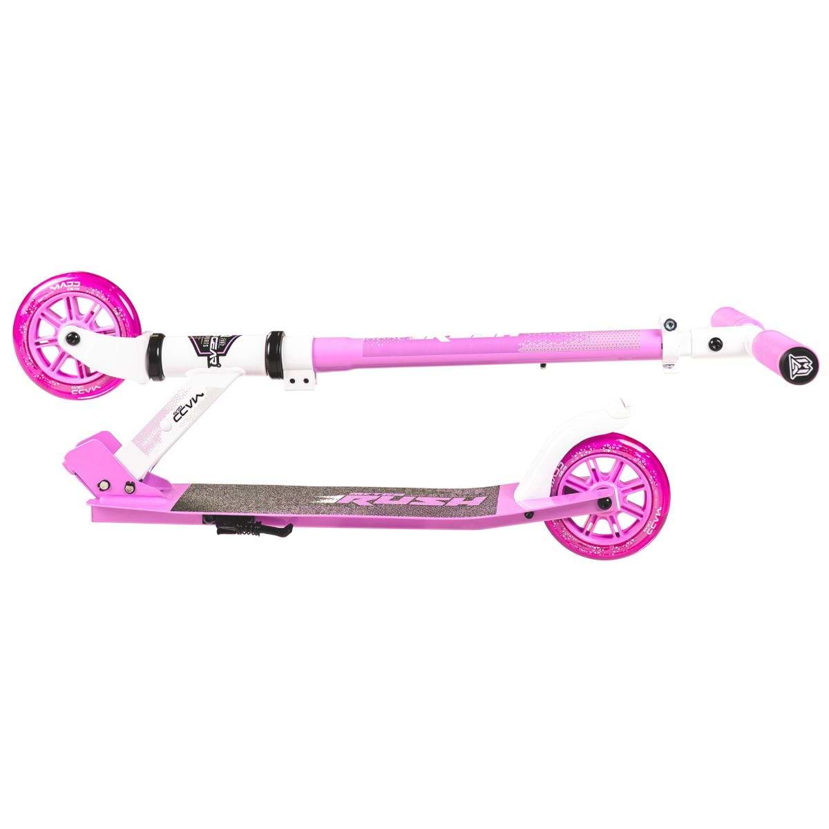 The Madd Gear Metro Rush 125 Kids Foldable Scooter in white/purple is shown folded, featuring 125mm LED wheels, an adjustable handlebar, and a textured foot deck.