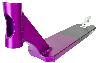 Close-up of the Apex Pro Life's a Beach Special Edition Purple / Black Scooter Deck (5" x 19.3") by Apex, featuring a large headtube cutout and silver brake. The angled view highlights its quality metal construction.
