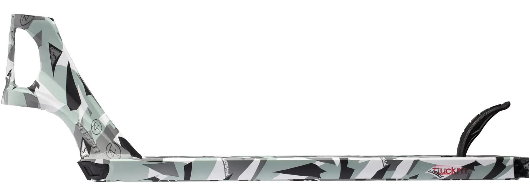 The Fasen Team Edy Fluckinger Stunt Scooter Deck (4.7" x 20") features a green, white, and black geometric camouflage design, rear cutout, and black brake—perfect for pro riders.