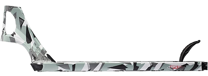 The Fasen Team Edy Fluckinger Stunt Scooter Deck (4.7" x 20") features a green, white, and black geometric camouflage design, rear cutout, and black brake—perfect for pro riders.