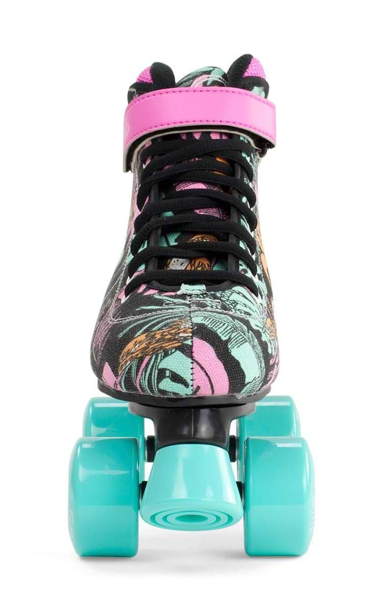 Front view of the SFR Vision Canvas Quad Roller Skates in Black / Floral by SFR, featuring a black base with vibrant floral patterns, pink ankle strap, black laces, and four bright turquoise polyurethane wheels.