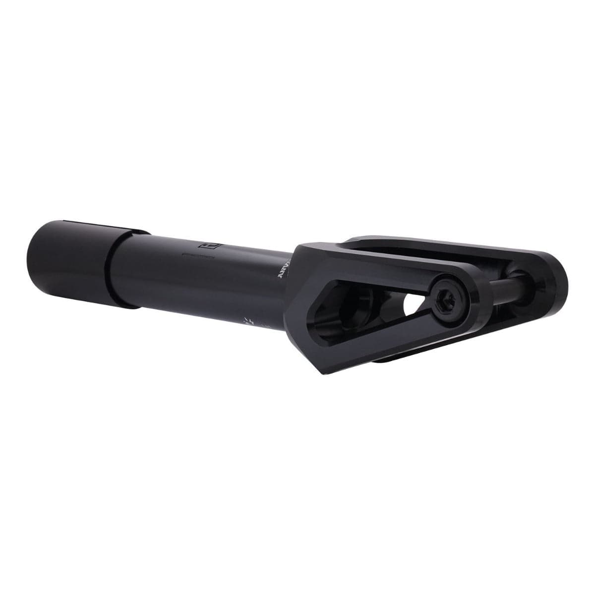 The UrbanArtt Anvil SCS/HIC Stunt Scooter Forks in black feature a cylindrical mechanical design with a tapered, open-ended shape at one end. Made from 6061-T6 aluminum, they boast a smooth surface indicative of their durability. Suitable for SCS/HIC compression systems, these forks are displayed against a plain white background.