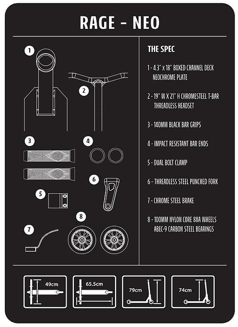 Black and white infographic displays specs and technical drawings for the Slamm Rage Complete Stunt Scooter - Neochrome by Slamm, with dimensions, parts list, and diagrams of the deck, handlebar, fork, wheels, and neochrome-finished brake.