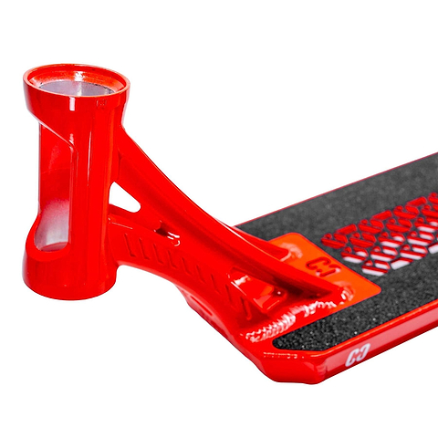 Close-up of the CORE SL3 Forged Candy Red Stunt Scooter Deck by CORE, featuring black grip tape with a mesh-like pattern, and showcasing the head tube and part of the 5.25" x 19.3"/20.5" foot platform.