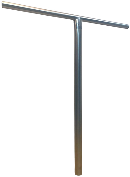 The Legacy Titanium Oversized HIC Stunt Scooter T-Bars - Chrome (690mm x 610mm) by Legacy is a lightweight, metallic handlebar with a vertical grip and horizontal top bar, shown against a plain white background.