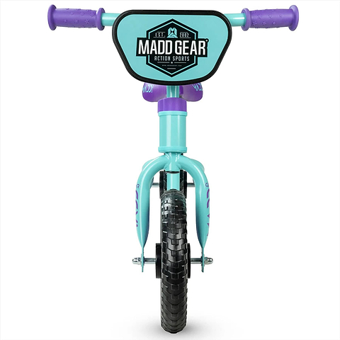 A teal and purple Madd Gear My 1st BMX balance bike for toddlers, aged 18 months to 4 years, with the "Madd Gear Action Sports" logo on its front number plate. It features black tires and purple handle grips.