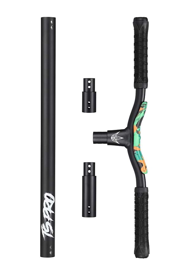 A Blunt Envy TS Pro 7.5 Indoor Trampoline Stunt Scooter in Orange Camo, featuring a black T-shaped handlebar with green and orange accents, alongside a black vertical bar and two small connectors, all neatly arranged on a white background.