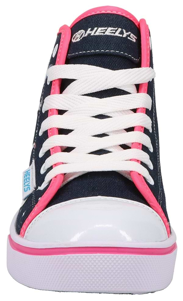 Front view of the Heelys Veloz Girls Shoes in Denim/Rainbow, featuring a hi-top denim style with white laces, white toe cap, rainbow accents, low-profile wheels, Heelys branding on the tongue, and a blue side tag.