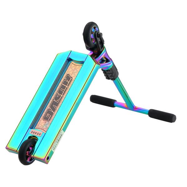 The Blunt Envy AOS V6 Finger Scooter - Oil Slick Neochrome is shown tilted up, displaying its metallic rainbow deck with "CUBYO" branding, black grip tape, foam-covered handlebars, and black wheels in a miniature design.