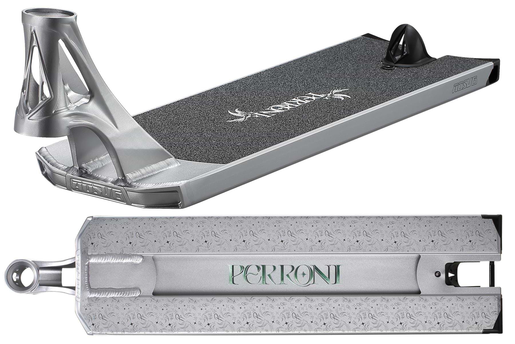 The Blunt Envy AOS V6 Jonathan Perroni Signature Stunt Scooter Deck (6.5" x 23") features a silver finish, textured black grip, Norie logo, "Jonathan Perroni Signature" and pattern on the underside, machined sides, and rear plastic brake.