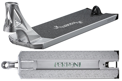 The Blunt Envy AOS V6 Jonathan Perroni Signature Stunt Scooter Deck (6.5" x 23") features a silver finish, textured black grip, Norie logo, "Jonathan Perroni Signature" and pattern on the underside, machined sides, and rear plastic brake.