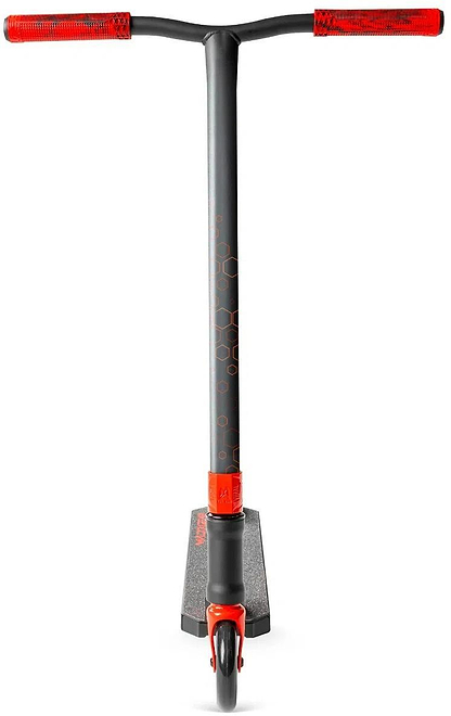 The Madd Gear Viral Rave Complete Stunt Scooter - Inferno features bold red handlebars, a textured black deck, and a single front wheel—making it the perfect kids scooter for stylish riders ready to show off their skills.