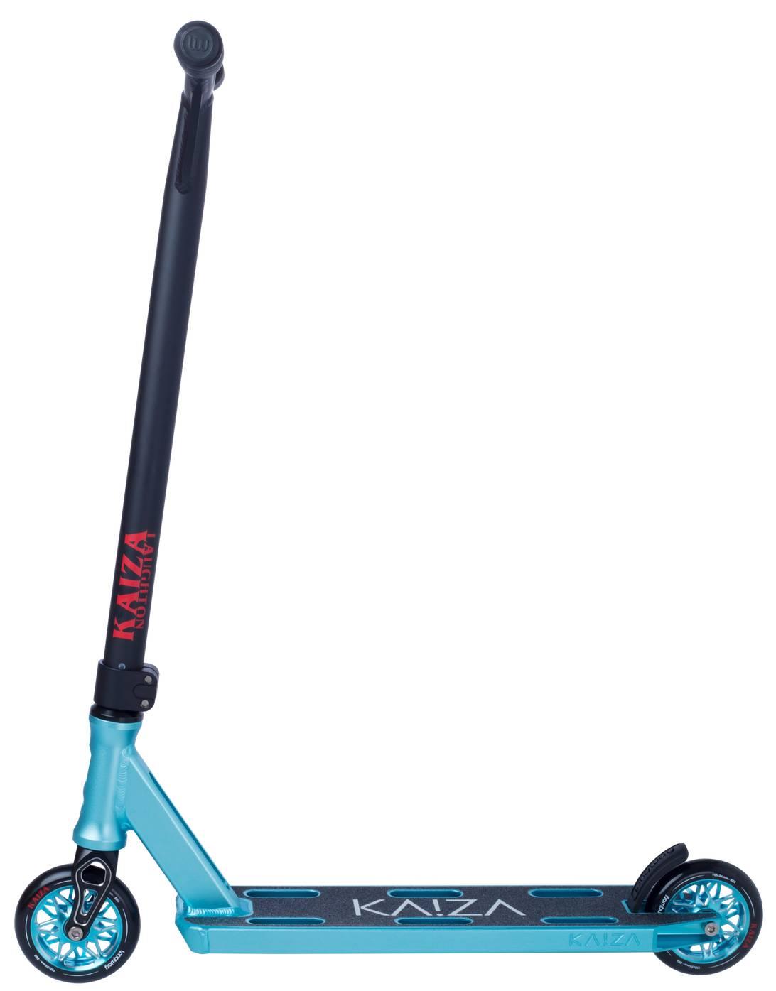 The Longway Kaiza Complete Pro Stunt Scooter in teal features a black "KAIZA" handlebar, two teal wheels, and a black deck with the "KAIZA" logo. This superlight Longway scooter is upright against a white background.