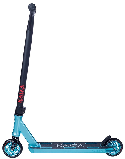 The Longway Kaiza Complete Pro Stunt Scooter in teal features a black "KAIZA" handlebar, two teal wheels, and a black deck with the "KAIZA" logo. This superlight Longway scooter is upright against a white background.