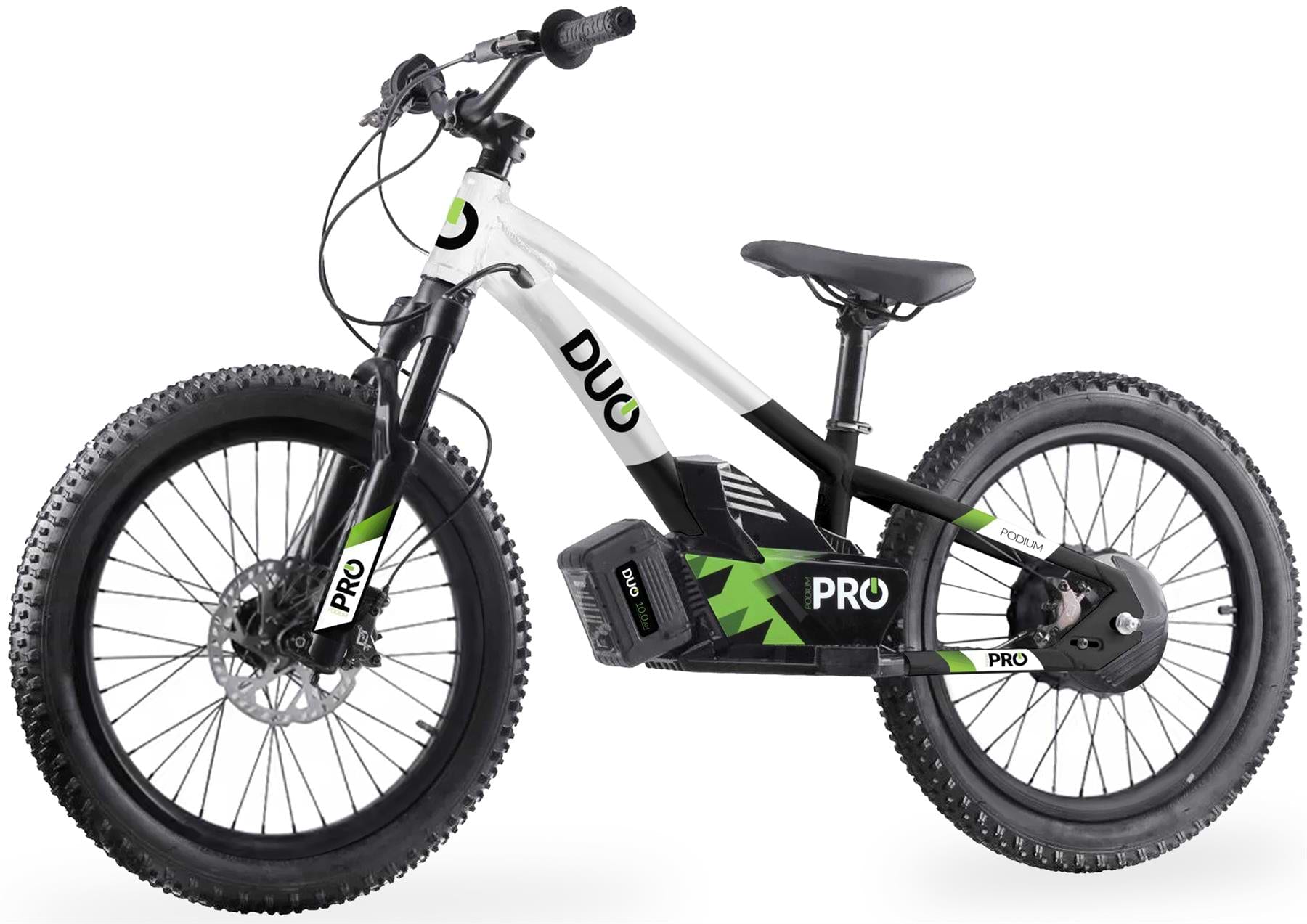The Duo 20" Podium Pro Kids Electric Balance Bike by Duo features a white and black design with thick rugged tires, disc brakes, a sturdy frame, green accents, and is built for kids’ off-road adventures.