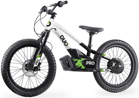 The Duo 20" Podium Pro Kids Electric Balance Bike by Duo features a white and black design with thick rugged tires, disc brakes, a sturdy frame, green accents, and is built for kids’ off-road adventures.