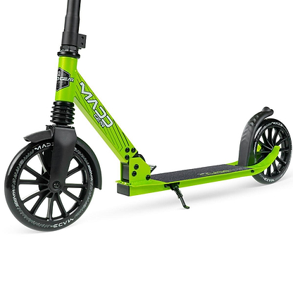 The Madd Gear Metro Cruise 250 Foldable Commuter Scooter by MGP features a black and lime design, large black wheels, adjustable height handlebars, kickstand, and textured foot deck. Shown angled on a white background.