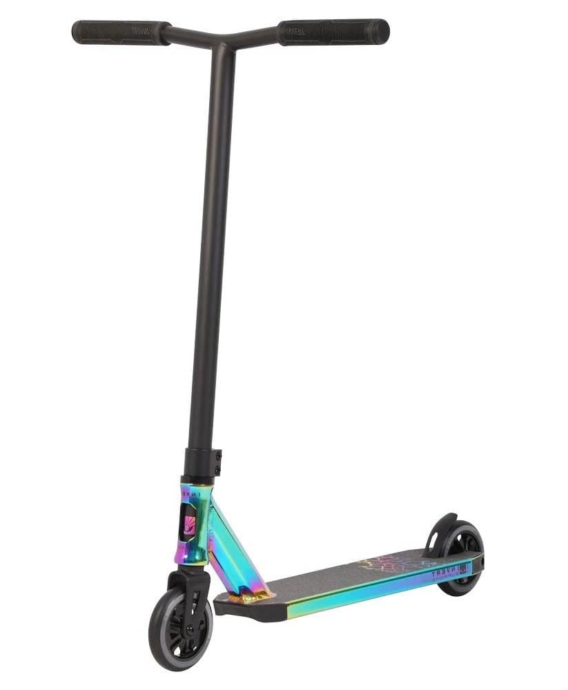 The Invert Supreme 2.5-8-13 Complete Stunt Scooter in Neochrome/Black features a black handlebar, metallic rainbow-colored aluminium deck, and black wheels—perfect for intermediate riders.