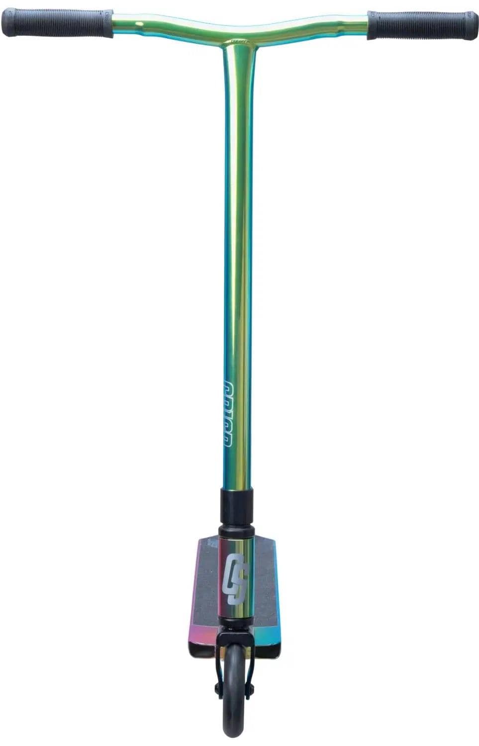 The Crisp Surge Complete Stunt Scooter - Full Neochrome by Crisp features wide handlebars, a single front wheel, and a lightweight aluminum deck with a "4" graphic near the base, shown from the front.