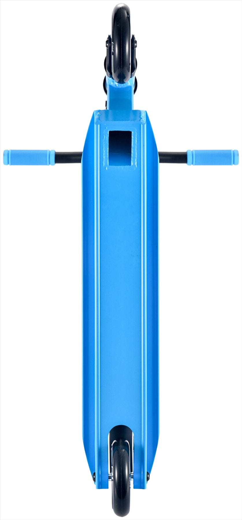 Top view of the CORE CA1 Beginner Complete Stunt Scooter - Blue by CORE, featuring black wheels and blue handlebar grips, displayed against a white background.