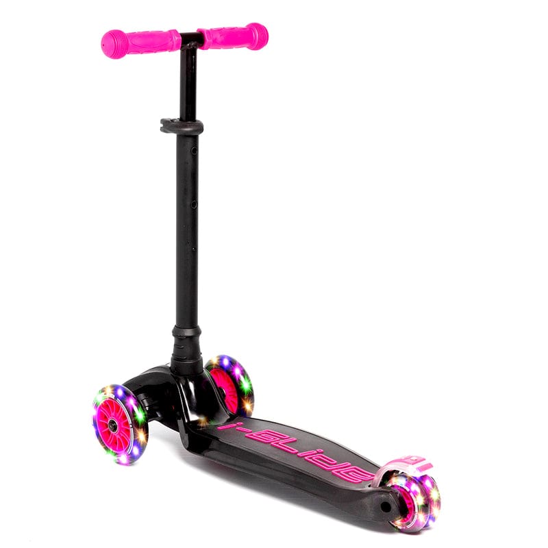 Introducing the i-Glide 3-Wheel LED Kids Scooter in Black/Pink by I-Glide: It boasts three wheels with vibrant LED lights, adjustable pink handlebars, and features the word "GLIDER" on its deck.
