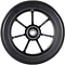 The Native Stem 110mm Stunt Scooter Wheel in black features a silver metal core with six spokes and a central bearing. Made from premium urethane, this high-quality construction is highlighted against a plain white background, emphasizing its sleek design and texture.