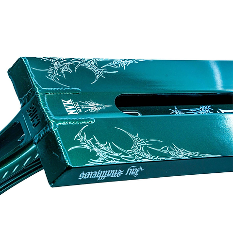 Close-up of the CORE ST3 Forged Green J.Matthews Signature Scooter Deck (6.5" x 22.5") by CORE, featuring intricate white line art and bold branding on its wide, rectangular shape with sharp edges and durable street-ready construction.