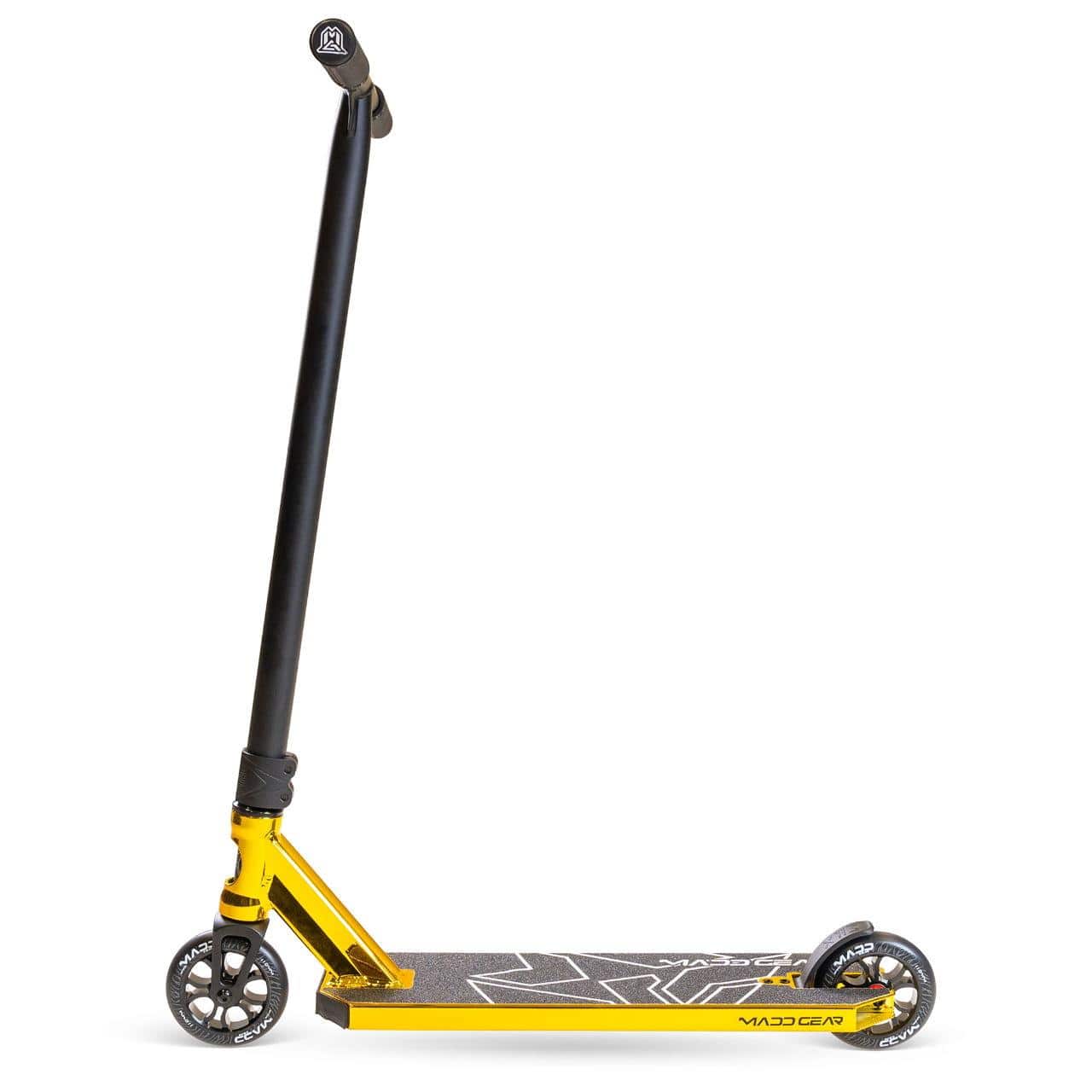 The Madd Gear MG 6 Kinetic Complete Stunt Scooter in Gold/Black features a lightweight aluminium deck, two wheels, straight handlebar, and textured foot deck with Madd Gear graphics. Shown side view on a white background.