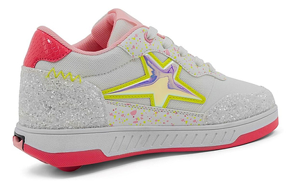 The Breezy Rollers Star Girls Shoes - Pink / Yellow feature a glittery silver heel, pink sole, yellow star outlined in purple, and splashes of pink and yellow on white. Enjoy smooth rolling fun with their patented wheel system.