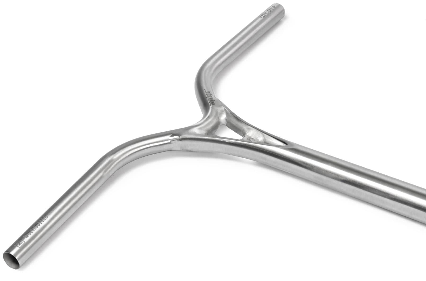 The Ethic DTC Wolpertinger Aluminium IHC Stunt Scooter Bars in raw silver (720mm x 580mm) feature a sleek Y-shape, smooth curves, and reinforced joints for durability.