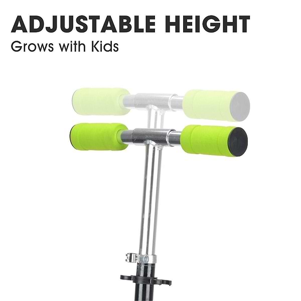 Image of a Xootz Atom Foldable Kids Kick Scooter in purple, featuring handlebars with vibrant green grips and an adjustable height mechanism. Text at the top states "ADJUSTABLE HEIGHT - Grows with Kids," highlighting the lightweight frame against a subtle background.
