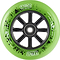 The Longway Tyro 100mm Nylon Core Scooter Wheel - Green features black spokes, a durable nylon core, 88A urethane, a centered bearing, white "TYRO" branding on the rim, and black graphic splatters. Brand: Longway.
