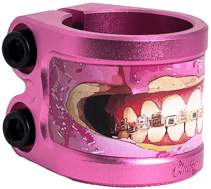 The Chubby Gnasher 2 Bolt Oversized Scooter Clamp - Pink Doughnut by Chubby is crafted from 7075-T6 aluminium and features a braces-wearing open mouth illustration with sprinkles on a pink background.
