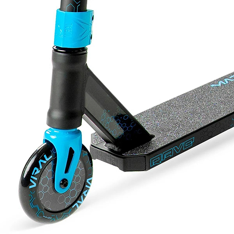 Close-up of the Madd Gear (MGP) Viral Rave Complete Stunt Scooter - Velocity shows its black and blue front, "Viral" wheel, hexagon-patterned deck, and visible handlebar connection in signature Viral Rave style.