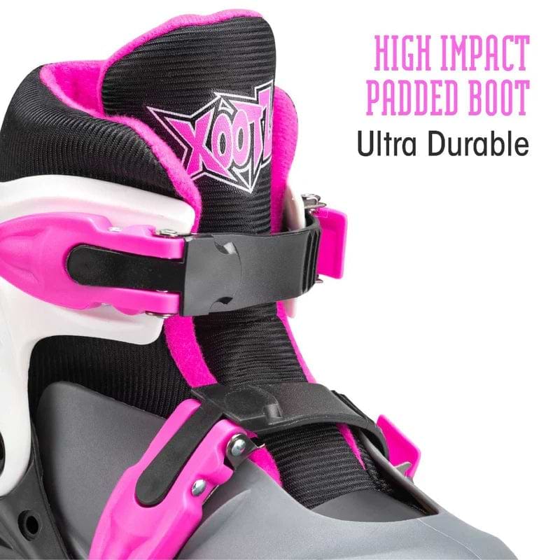 Close-up of the Xootz LED Adjustable Quad Roller Skates - Pink, featuring black, gray, and bright pink details, padded lining, and plastic buckles. Text on image: “High Impact Padded Boot” and “Ultra Durable.” Brand: Xootz.