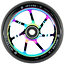 A vibrant Ethic DTC Incube V2 110mm Stunt Scooter Wheel in a rainbow iridescent finish, featuring a black tire, bearing, slim metal spokes, and "INCUBE-II" branding on the rim. This Ethic wheel blends eye-catching style with dependable performance for your scooter.