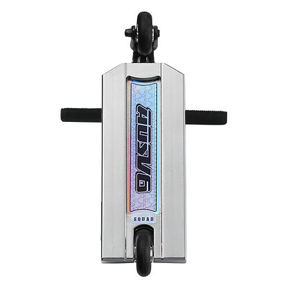 Top-down view of the Blunt Envy AOS V6 Finger Scooter in chrome, featuring black wheels, partially visible handlebars, and a holographic "SQUAD" sticker with a geometric pattern inspired by the AOS V6 series.
