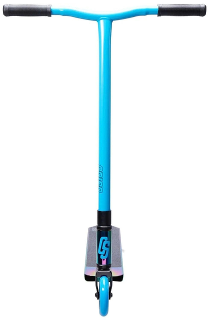 The Crisp Surge Complete Stunt Scooter in Neochrome/Blue features black handlebar grips, a blue deck with black grip tape, 110mm alloy core wheels, and "GS" on the headtube, as seen from the front.