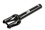 A gloss black scooter fork from Supremacy, the Spartan SCS/HIC model, made from CNC milled aluminum for optimal lightweight performance. It boasts a sleek, cylindrical design with a hollowed-out structure for wheel attachment and features a white logo and emblem—a true masterpiece of Trojan forks.