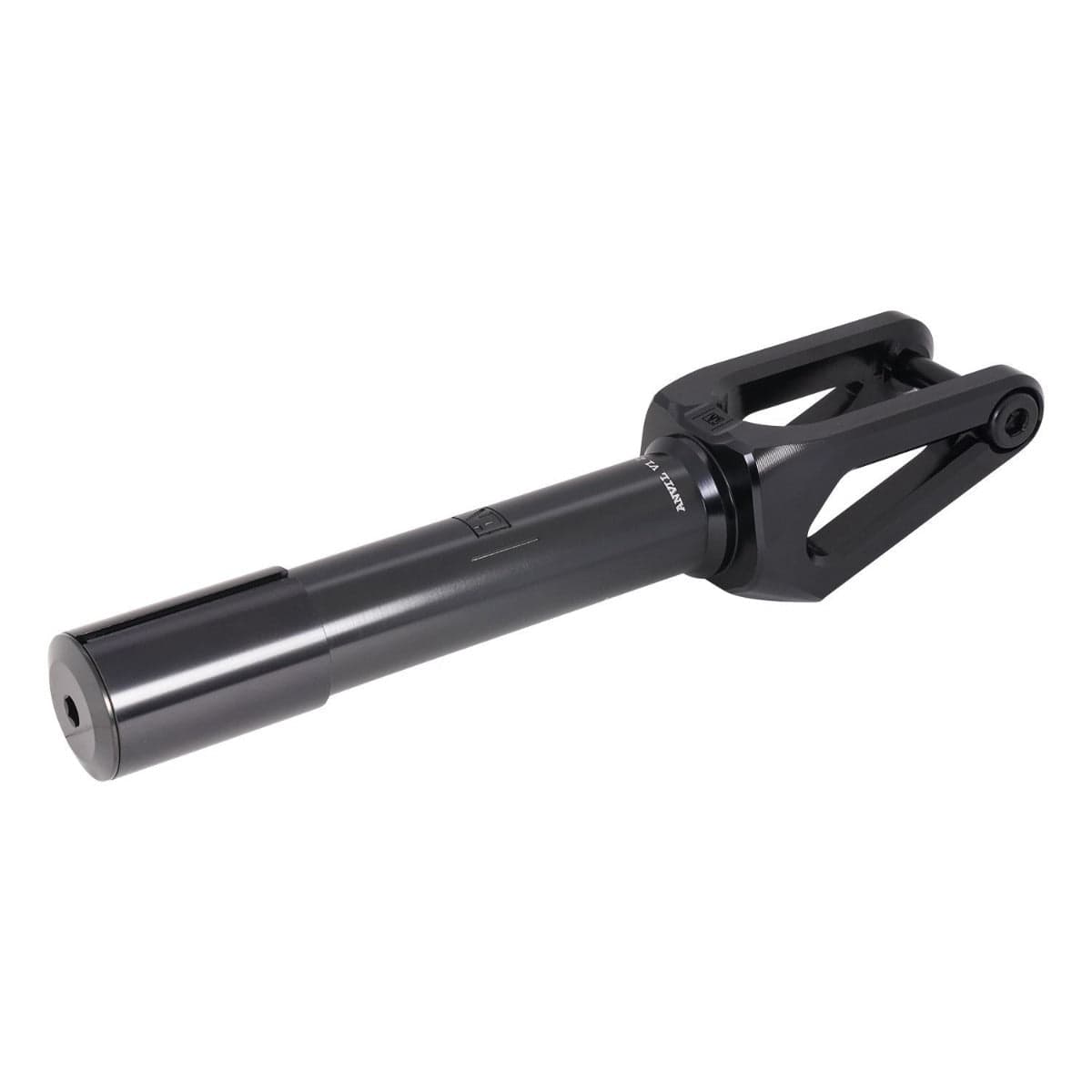 The UrbanArtt Anvil SCS/HIC Stunt Scooter Forks - Black feature a sleek and minimalist design made from 6061-T6 aluminum. Its cylindrical structure and dual prong system for front wheel attachment are compatible with SCS/HIC compression systems, making it perfect for contemporary scooter enthusiasts.
