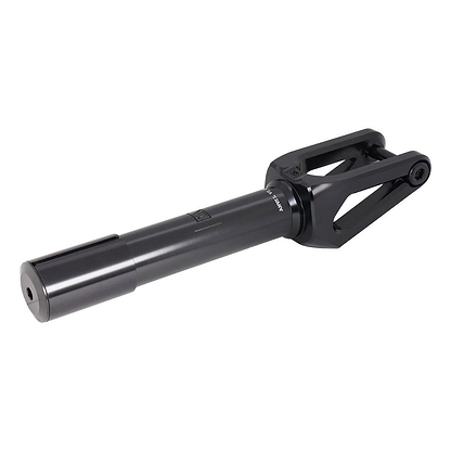 The UrbanArtt Anvil SCS/HIC Stunt Scooter Forks - Black feature a sleek and minimalist design made from 6061-T6 aluminum. Its cylindrical structure and dual prong system for front wheel attachment are compatible with SCS/HIC compression systems, making it perfect for contemporary scooter enthusiasts.
