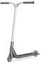 The Aztek Fountain Complete Stunt Scooter - Grey features a silver and black design, T-shaped handlebar with black grips, small wheels, wide deck, red base accents, and a sleek skatepark-ready look.