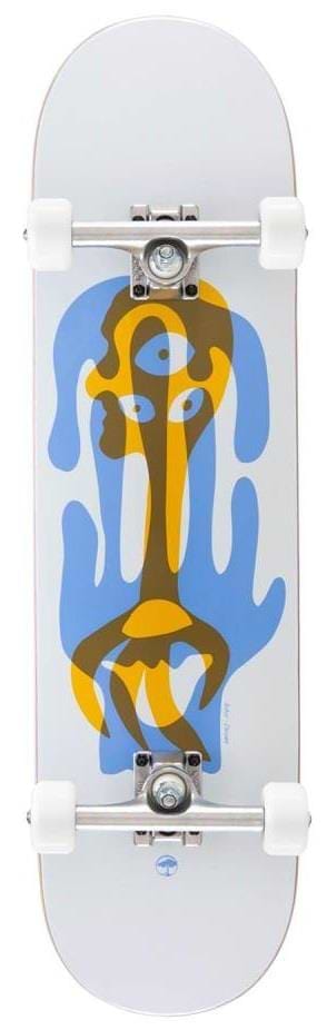 The Arbor Street Logo Blue Complete Skateboard (7.75" x 31.5") by Arbor is a beginner board featuring white wheels and trucks, plus a durable Canadian maple deck with an abstract blue, yellow, and brown design.