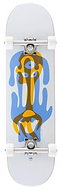 The Arbor Street Logo Blue Complete Skateboard (7.75" x 31.5") by Arbor is a beginner board featuring white wheels and trucks, plus a durable Canadian maple deck with an abstract blue, yellow, and brown design.