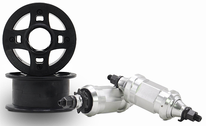 Two black plastic go-kart wheel rims are shown next to two silver kart wheel hubs with bolts on a white background—durable parts like those found on the Wildcat OG 3A Mini BMX Bike - Royal Red Bull by Wildcat. One hub leans at an angle against the other.