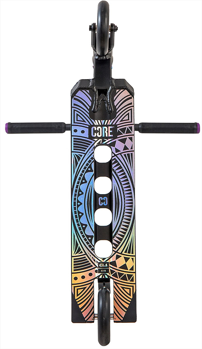 Top-down view of the CORE CL1 Complete Stunt Scooter by CORE in Black/Neochrome LE, featuring a vibrant geometric deck with "CORE" branding, dual black handlebars, and visible wheels—ideal for skatepark scooter tricks.