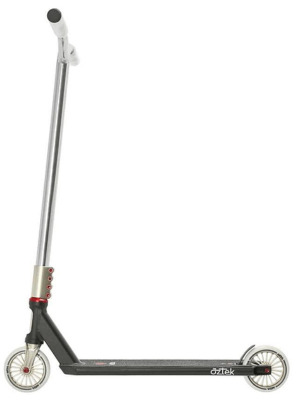 The Aztek Corsa Complete Stunt Scooter in black features a silver and black design with red accents, straight handlebar, small metallic wheels, and "Aztek" branding on the deck, displayed against a white background.