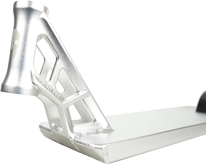 Close-up of the Supremacy Spartan Chrome Silver Stunt Scooter Deck (5.5" x 20.5"), crafted from 6000 series aluminum with a sleek cutout headtube design perfect for street riding.